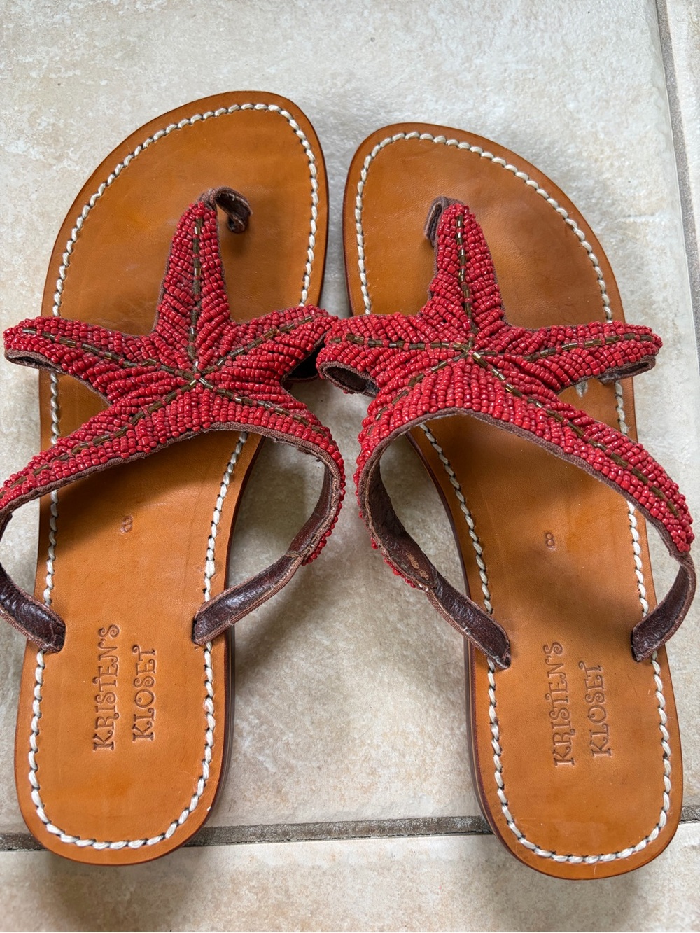 Kristen’s Kloset Red Beaded Starfish Leather Sandals - Women's